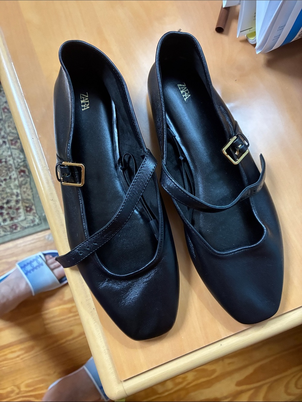 Zara Black Leather Mary Jane Flats with Gold Buckles